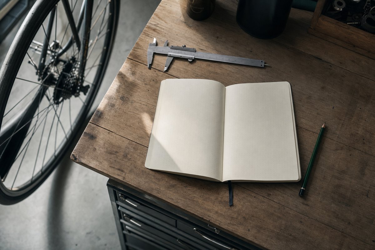 An overhead view of a wooden desk with an open blank notebook, a pencil, callipers and a road bike wheel at the edge (AI-generated image)