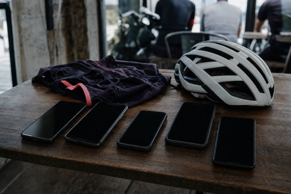Five smartphones with blank dark screens on a wooden table beside a white cycling helmet and a folded jersey (AI-generated image)
