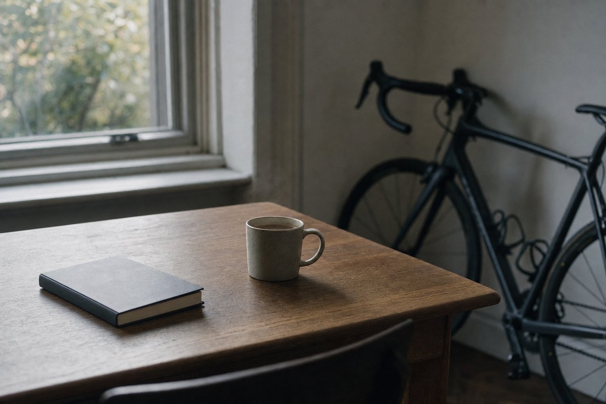 A closed notebook and a mug of coffee on a wooden table by a window, a road bike leaning against the wall behind (AI-generated image)