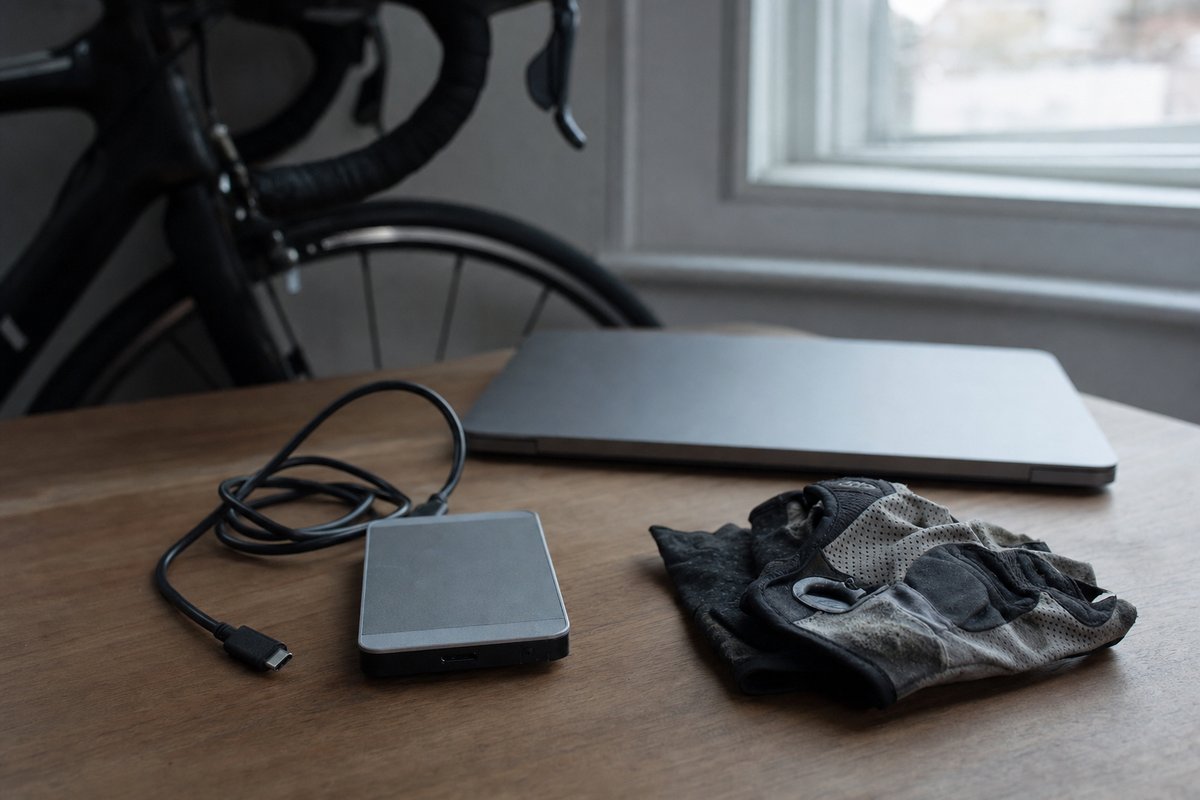 A portable hard drive, a coiled cable and cycling gloves beside a closed laptop on a wooden desk, a road bike behind (AI-generated image)