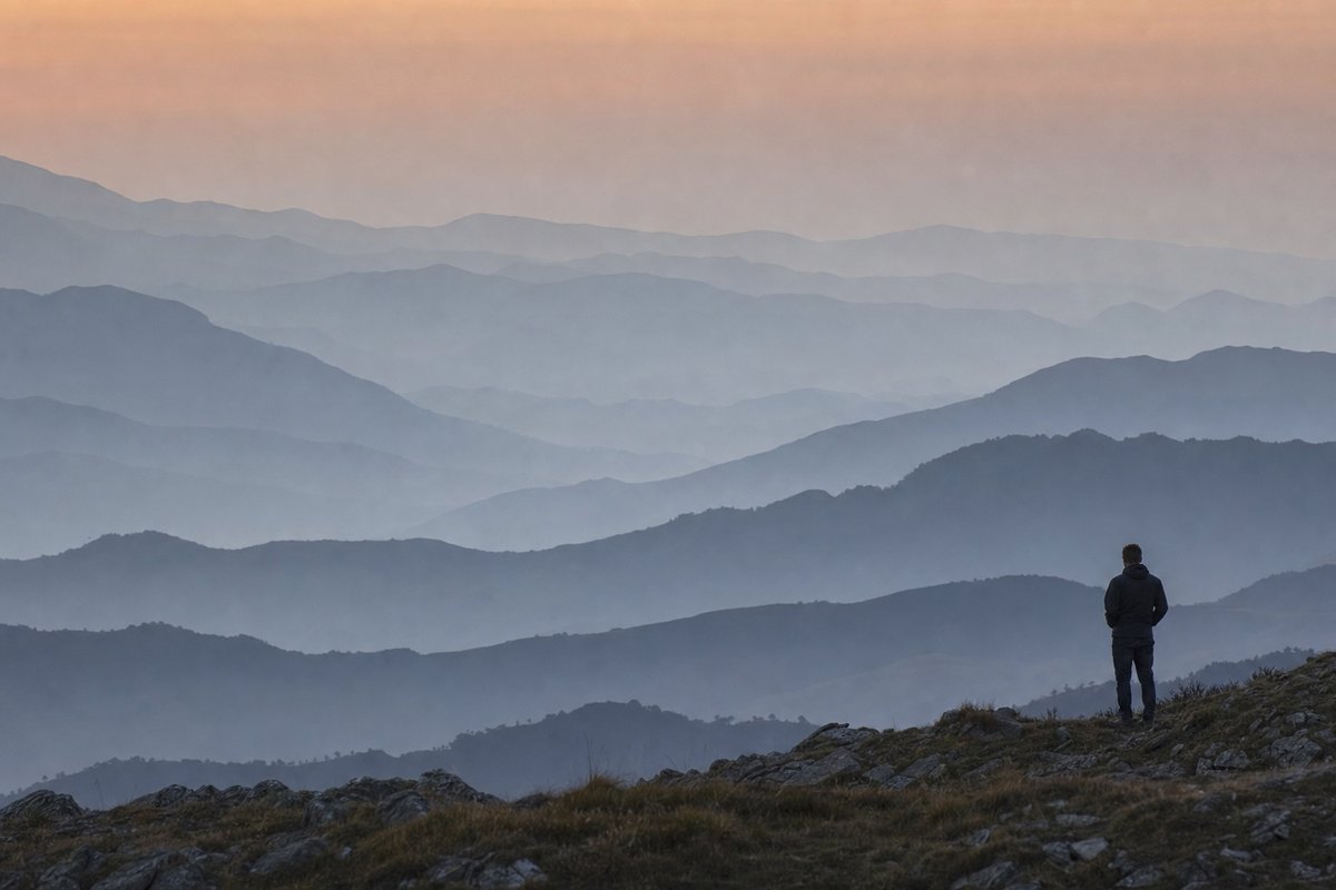 A lone figure on a rocky outcrop looking out over many layered mountain ridges fading into haze at dawn (AI-generated image)