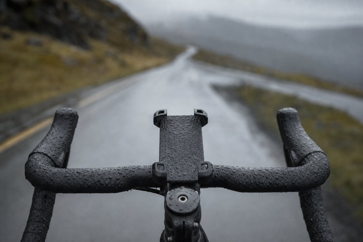 An empty phone mount on rain-beaded road bike handlebars, a wet road receding out of focus behind (AI-generated image)