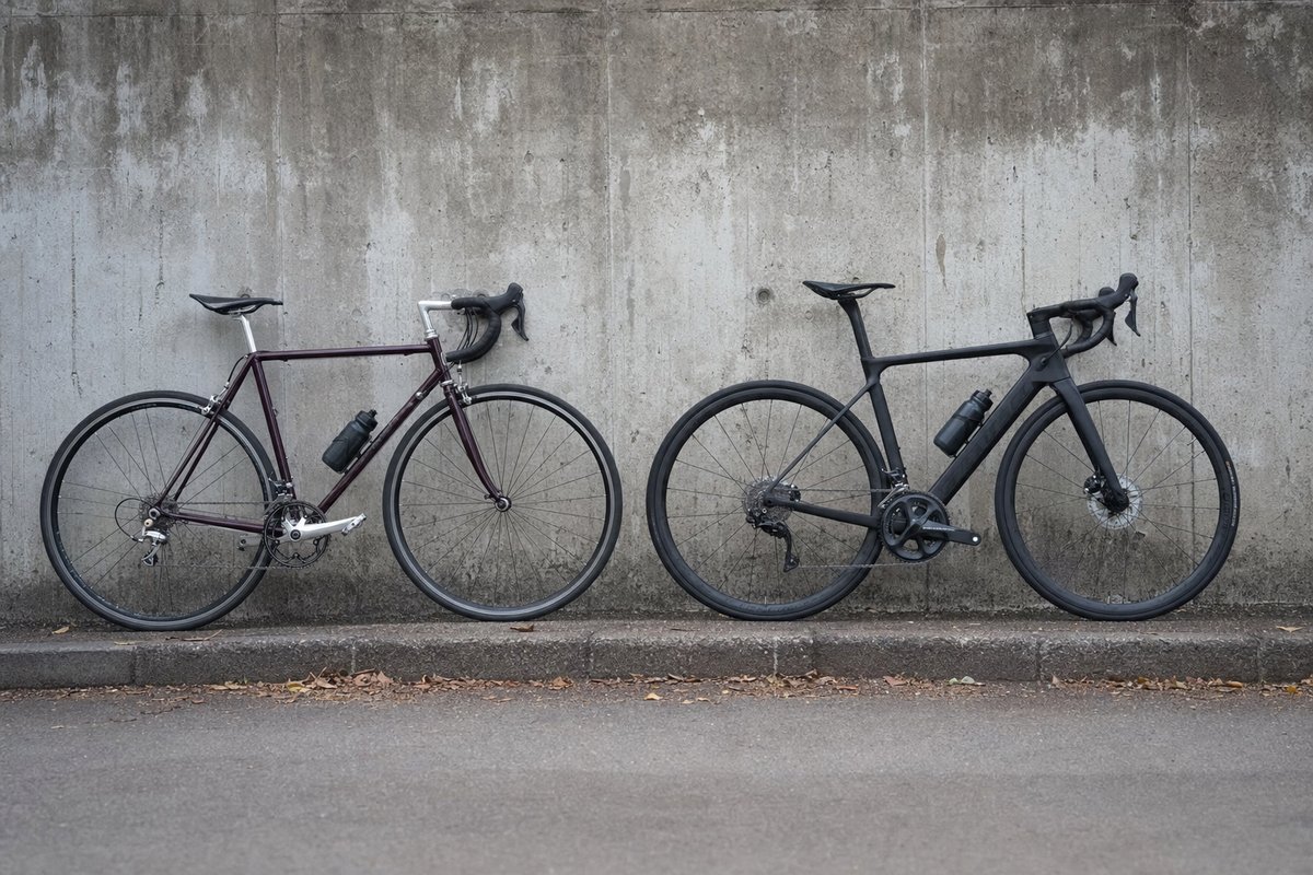 Two road bikes of different builds leaning side by side against a plain concrete wall (AI-generated image)