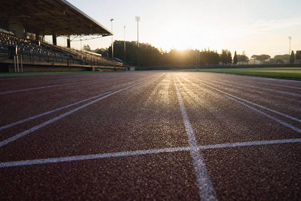 An empty athletics track at sunrise, shot low along the lane markings with the sun rising behind the stand (AI-generated image)