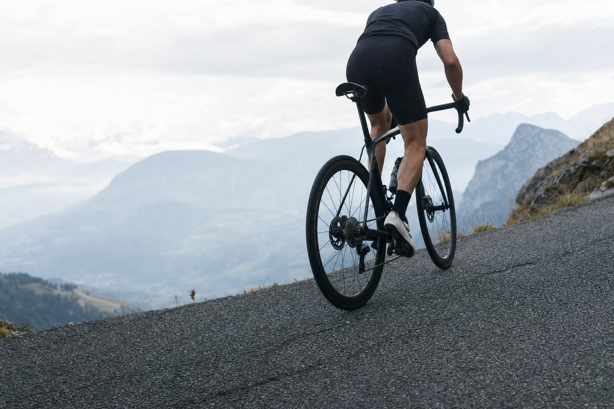 A cyclist climbing out of the saddle on a steep mountain road, the valley and distant peaks falling away below (AI-generated image)
