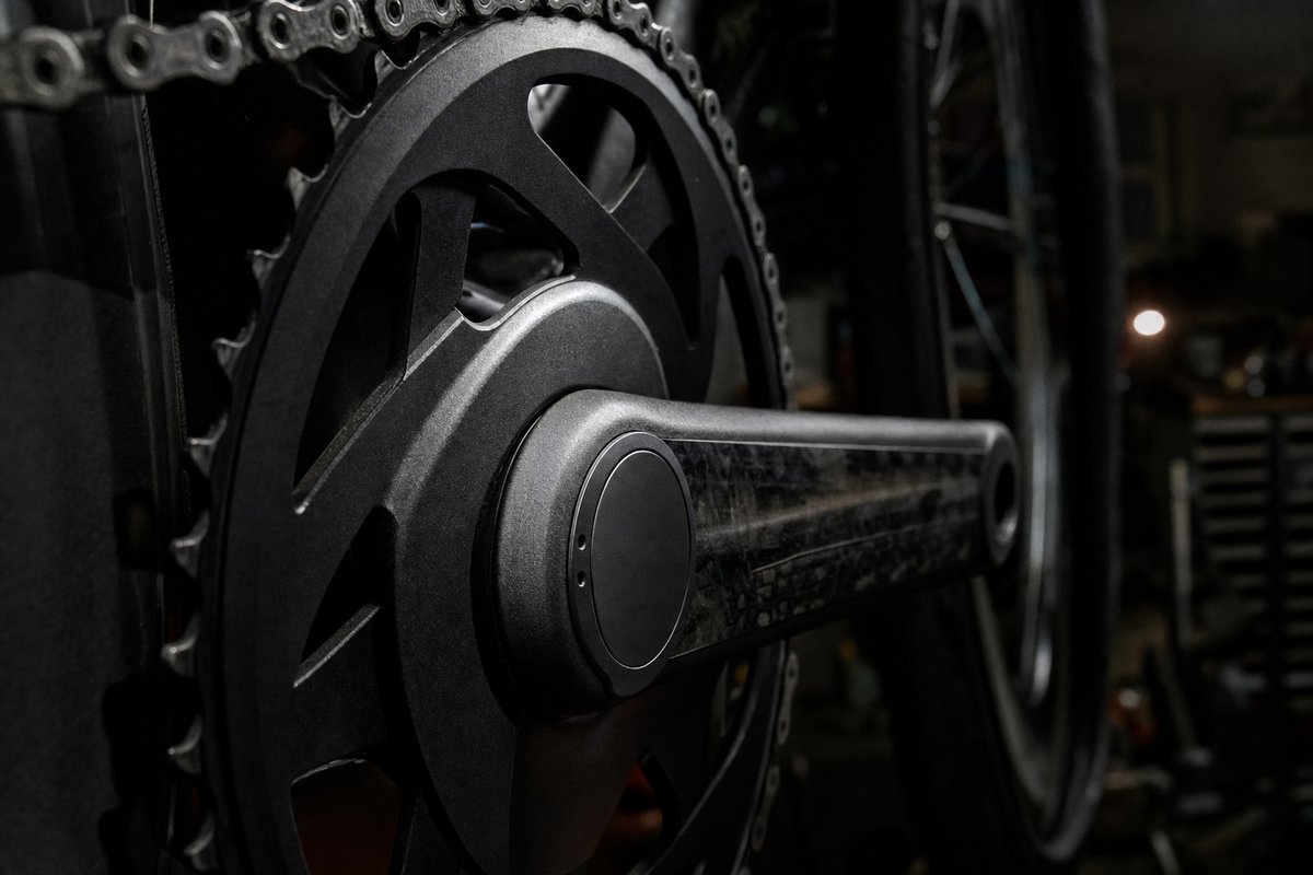 Close-up of a road bike chainring and crank arm with the power meter spindle visible, in a dim workshop (AI-generated image)