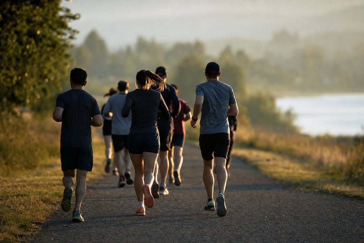 A group of runners seen from behind on a path at golden hour, the light low through the trees (AI-generated image)
