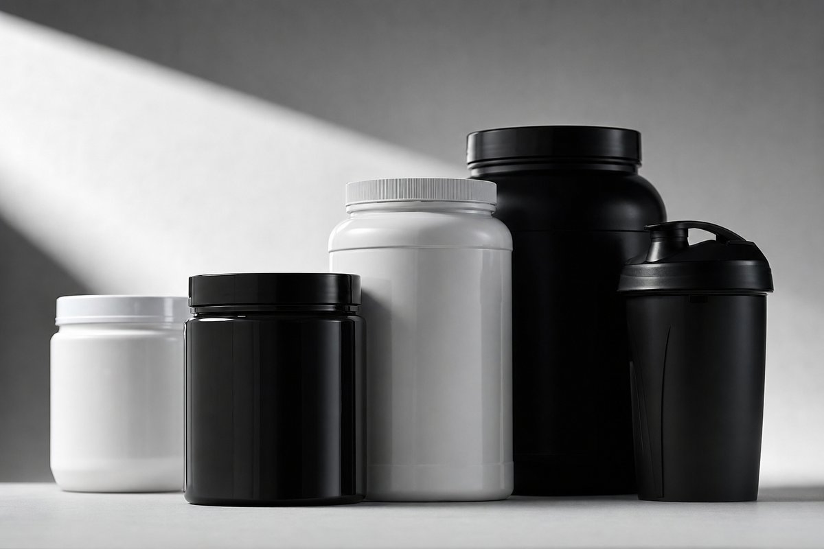 Plain unlabelled supplement tubs and a shaker bottle in black and white on a studio backdrop under hard light (AI-generated image)