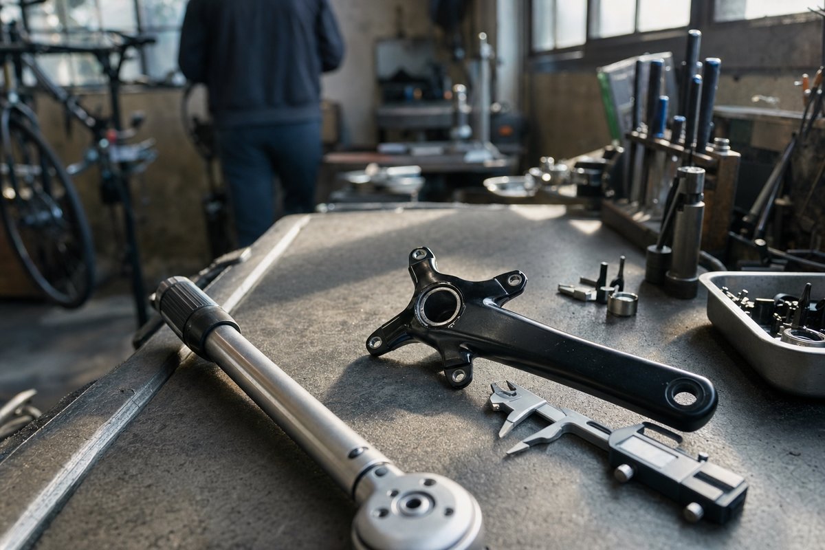 A torque wrench, a crank arm and callipers laid out on a workshop bench, bicycles and a figure out of focus behind (AI-generated image)