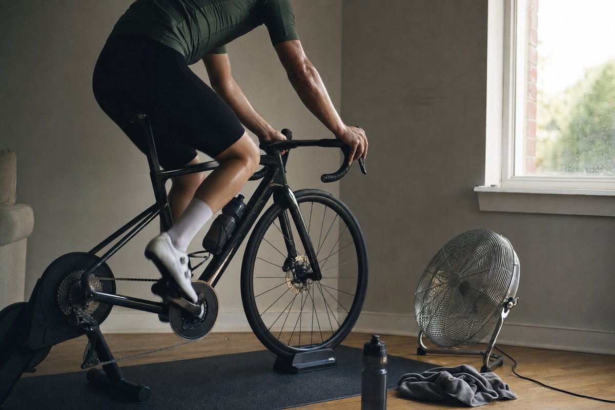 A cyclist riding an indoor trainer in a plain room beside a floor fan, water bottle and towel on the floor (AI-generated image)